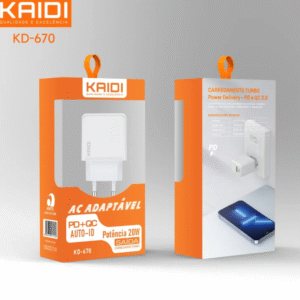 CARREGADOR TURBO 20W USB, USB TYPE C KAIDI KD-670 PRETO