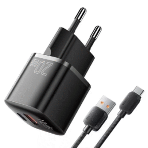 CARREGADOR TURBO 20W USB, USB TYPE C + CABO USB TYPCE C ESSAGER PRETO / BRANCO