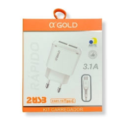 KIT CARREGADOR PARA TIPO C 2USB GOLD CA01-10