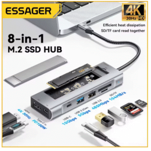 ESSAGER-8-IN-1 HUB USB COM FUNÇÃO DE ARMAZENAMENTO DE DISCO, USB TYPE-C PARA HDMI, DOCK STATION PORTÁTIL